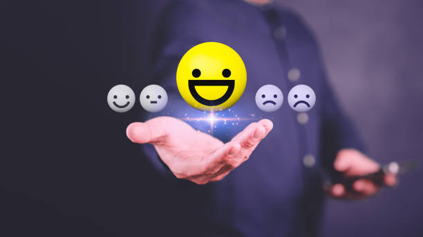 istock Client man hand showing happy smile face icon, good feedback rating, think positive, customer review, assessment, satisfaction, testimonial, good mental health, good mood. Opinion rating by shopper. 1498809035