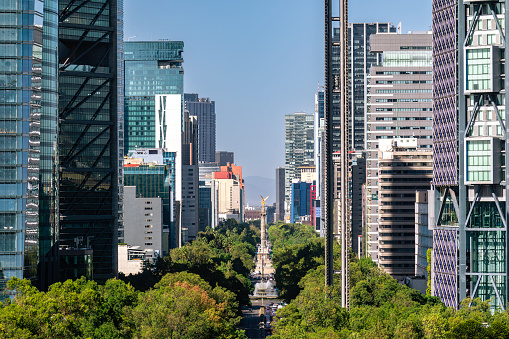 Skyscrapers at Mexico City financial district, Reforma Avenue, as seen from Chapultepec Park, Independence Angel in the background