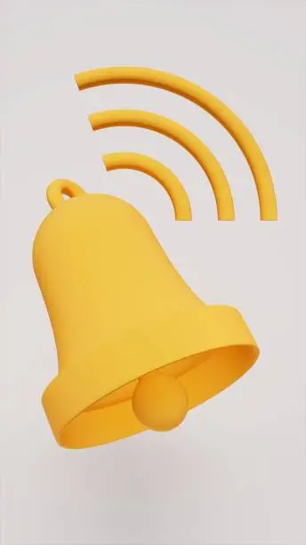 Photo of Leaning bell on white stage, alert and social media theme, 3d rendering