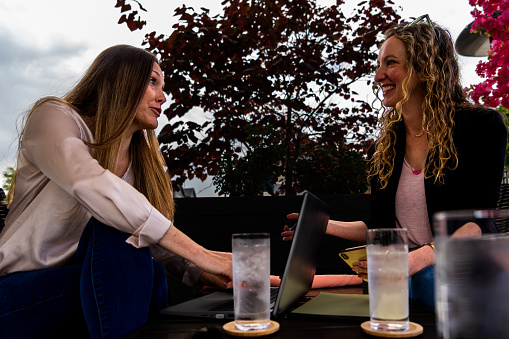 Under the shade of a pergola adorned with cascading pink flowers, two women converge at an outdoor café, embarking on a business meeting. The first woman, with luscious long curly blonde hair, exudes confidence in her black jacket layered over a vibrant pink shirt and jeans. Her counterpart, with flowing long brunette hair, exudes a composed demeanor, dressed in a light-colored blouse and jeans. A laptop computer rests on the coffee table that separates them, a symbol of their shared purpose. With serene trees providing a backdrop, they engage in an animated conversation, their meeting epitomizing collaboration amidst natural beauty.