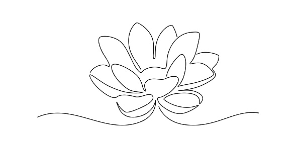 Flower lotus in one continuous line drawing.   yoga studio and wellbeing spa salon concept in simple linear style. Water lily in editable stroke. Doodle vector illustration.