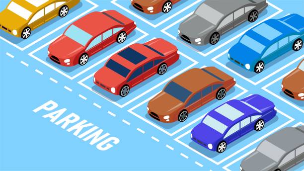 ilustraciones, imágenes clip art, dibujos animados e iconos de stock de estacionamientos, tarifas de estacionamiento, áreas de estacionamiento público, autos equidistantes estacionados en estacionamientos - aparcar