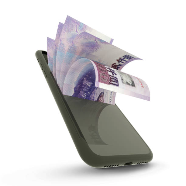 3D rendering of New Taiwanese dollar notes inside a mobile phone isolated on white background