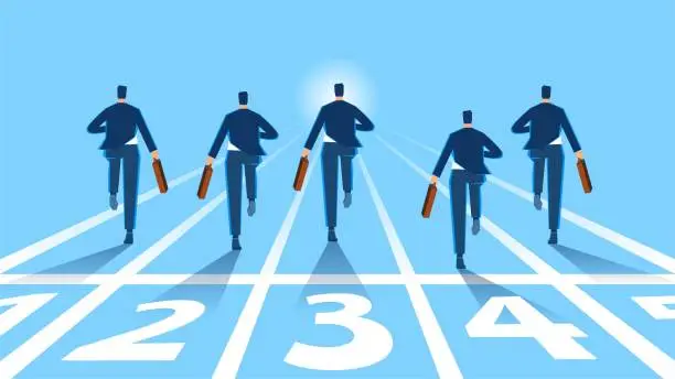 Vector illustration of Business or professional competition, the pursuit of winning confidence, motivation and the challenge of success, businessmen running forward on their respective tracks sprinting first