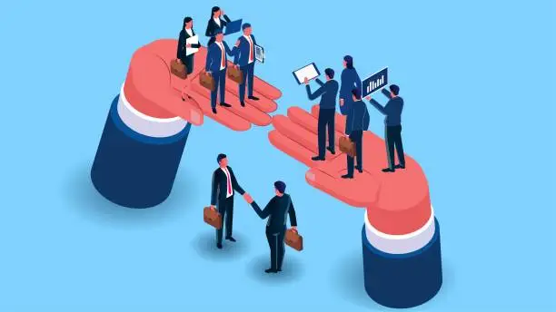 Vector illustration of Business cooperation, joint ventures, co-development, mergers and acquisitions, global cooperation and exchange, global business support, etc. are linked together to support two teams to communicate and cooperate together