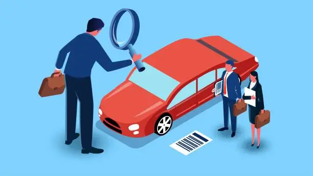 Vector illustration of Car business, car sales and review, car insurance and agency, isometric businessman holding a magnifying glass to check cars, insurance and contracts