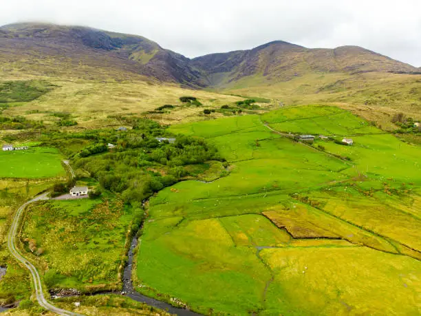Beautiful aerial landscape of the Killarney National Park on cloudy day. Hiking in County Kerry, Ireland