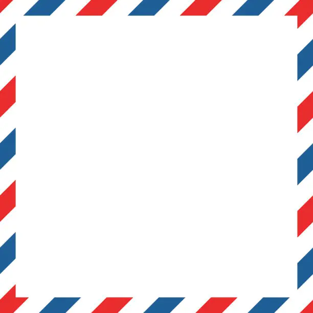 Vector illustration of Airmail square envelope frame with blue red stripes on white background. International vintage letter border. Retro air mail postcard. Blank envelope. Vector illustration isolated on white background