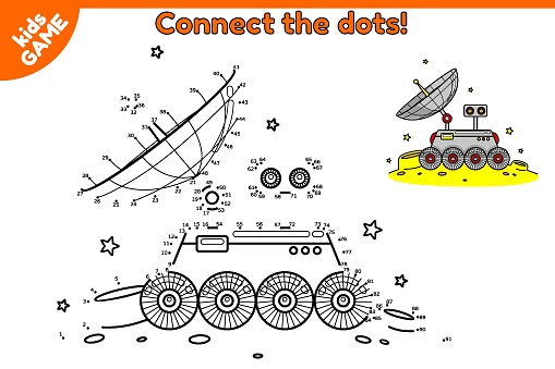 Dot to dot game for children. Connect the dots and draw a cartoon lunar rover on moon in space. Activity book for kids. Educational puzzle for preschool and school education. Vector lunokhod in cosmos