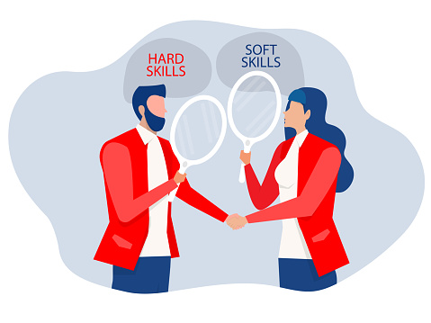Man and Woman shaking hands achievement in deal ,Communication, Hard VS Soft Skills Concept Idea Development ,Multiple Intelligences Vector Illustration