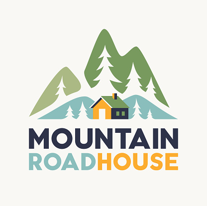 Mountain road house home chalet rental symbol tree pine ski slope river hiking outdoors symbol design element.
