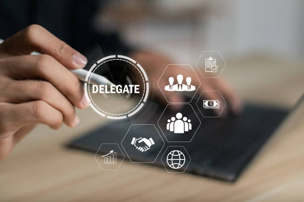 istock Delegation concept. Business work organization and management. Supervisors delegate work rights to other people on the team. 1498838118