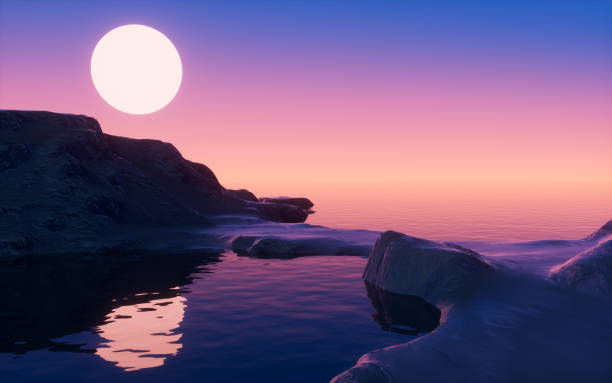 istock Water surface and mountains at dusk, 3d rendering. 1498839750