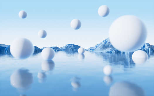 Abstract balls with water surface background, 3d rendering. Digital drawing.