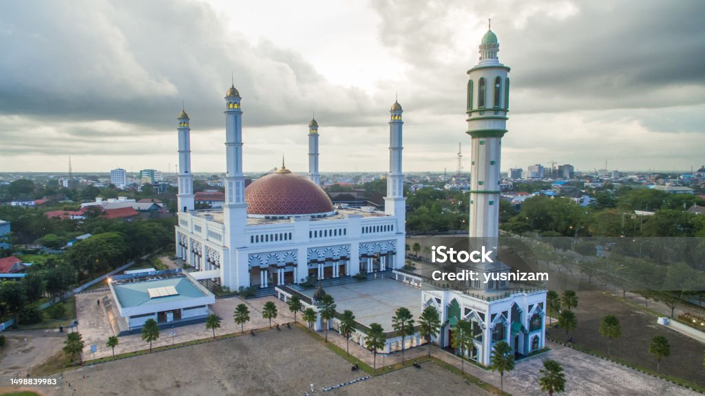 Beautiful mosque at Pontianak, West Kalimantan, Indonesia. Beautiful mosque at Pontianak, West Kalimantan, Indonesia. Aerial view Aerial View Stock Photo