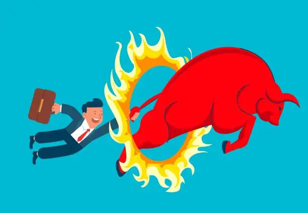 Vector illustration of Overcoming financial crisis or stock market crisis, overcoming obstacles or difficulties, economic stimulus and recovery, stock market bull market, ferocious red bull jumping through the ring of fire