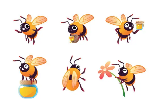 Vector illustration of cute bee character vector illustration isolated mascot set with honey pot and organic honey bottle