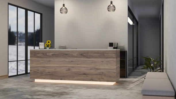 istock Interior design of a beautiful modern office reception area with a modern front desk counter 1498842801