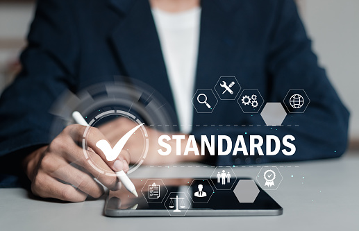 Business standard quality control certification, business and technology concepts.