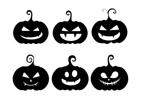 Pumpkin Halloween. Set of black Halloween pumpkins with face smiles in different characters on white background. Vector illustration.