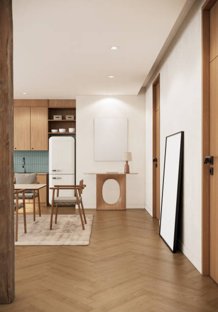 istock Modern apartment room interior design and decoration with built in kitchen counter and cabinets. 3d rendering dining table and chairs in vertical image. 1498848539