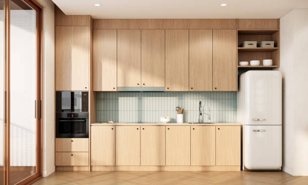 istock 3d rendering, Modern and minimal japandi kitchen room interior design and decoration with built in wooden kitchen counter and cabinets. 1498848580