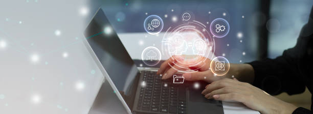 istock Woman using laptop working from home. Technology concept. Chatting ai. 1498849274
