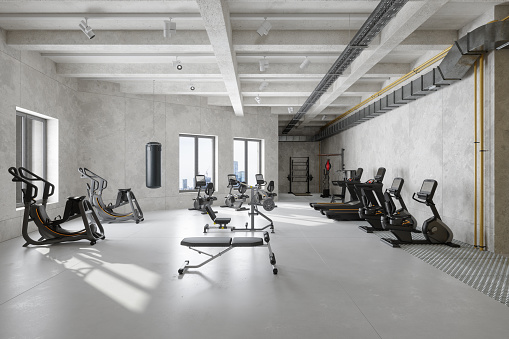 Modern Gym Interior With Treadmills, Boxing Bag And Training Equipments