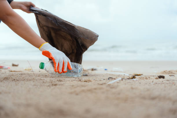 istock Hand was holding the clear plastic water bottle lying on sandy beach,concept,concept garbage collection on beach 1498852652
