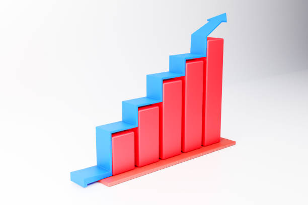 istock 3d Rendered Red Graph in empty room representing growth with blue arrow. Graph and bars with free space 1498854225