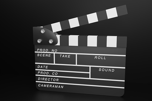Black complete movies clapperboard  symbol represented by an isolated film slate with black background in 3d model