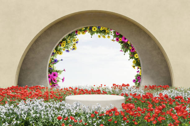 istock Abstact 3d render spring scene and Natural podium background, Stone podium on colorful flowers and grass field, Backdrop flowers arch door for product display, advertising, cosmetic. create and design 1498855287