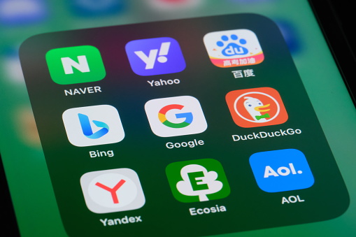 Shanghai,China-June 13st 2023: Google Search, Bing, NAVER, Yahoo, Baidu, DuckDuckGo, Yandex, Ecosia, AOL app icon on screen. Assorted search engine and company brands