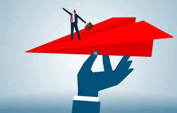 Vector illustration of Support for businessmen or graduates to start their own business, support for re-employment, labor employment, guidance and advice for career or business, big hands with paper airplanes to help small businessmen start their flig