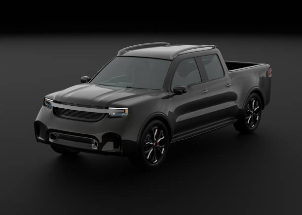 istock Black Electric Pickup Truck on black background 1498862837