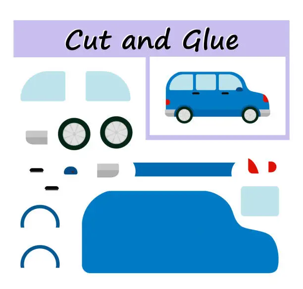 Vector illustration of Educational paper game. Cut parts of the image and glue on the paper. DIY worksheet. Vector illustration of microbus.