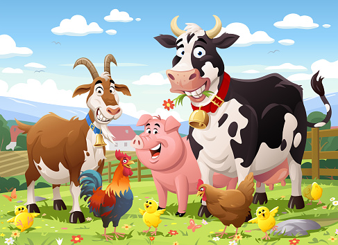 Vector illustration of a cheerful group of farm animals (cow, goat, pig, rooster, hen and chicks) on a green meadow, looking at the camera. In the background are agricultural fields, a fence, a farm, hills and mountains, and a blue cloudy sky. Cow- and goat bell on a separate layer and can be easily removed.