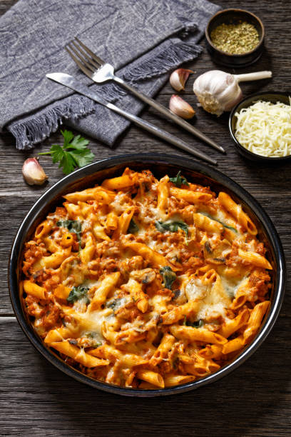 istock Ground Chicken Pasta Bake in baking dish, top view 1498866494