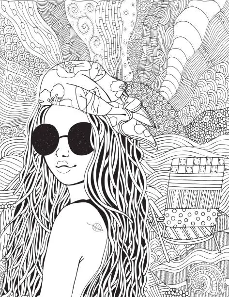 Vector illustration of Young beautiful woman. Beach, facing out to sea. Anxiety Relief Coloring Book for Adults and children. Doodle. Sun, clouds, the Moon in a striped hat. For book 8.5 x 11 inches