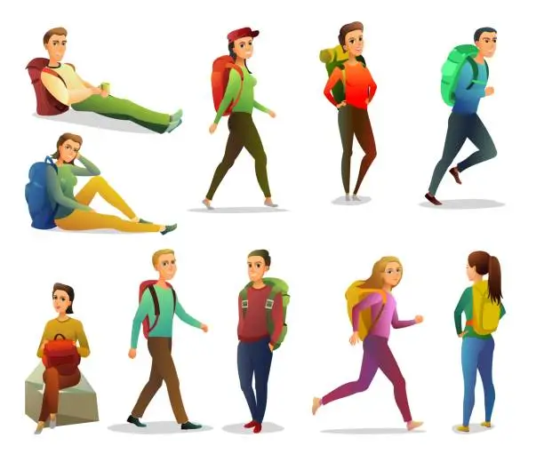 Vector illustration of Tourist man and woman characters set. Tourist walking adventure journey. Fun cartoon style. Vector