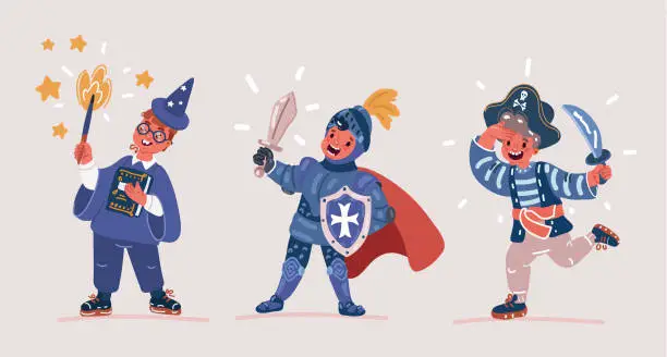 Vector illustration of Vector illustration of Boys in costumes on white background. Knight, pirate, wizard with magic wand. Children's party.