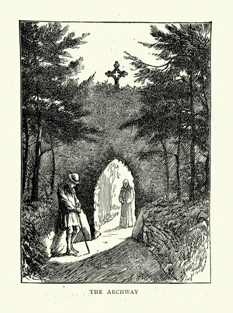 The archway, Monk, Cross, Monastic life in England, Mount St Bernard Abbey a Roman Catholic, Trappist monastery, Victorian, 1870s Vintage illustration of The archway, Monk, Cross, Monastic life in England, Mount St Bernard Abbey a Roman Catholic, Trappist monastery near Coalville, Leicestershire, England, Victorian, 1870s Abbey stock illustrations