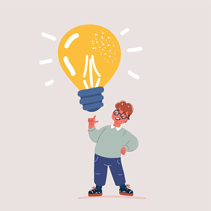 Cartoon vector illustration of Creativeness, thinking out of the box, idea and science concept. Little boy holding glowing light bulb lamp and smile standing