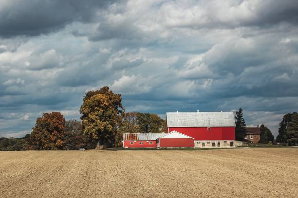 Free Stock Photo of Rural farmland with red barn under cloudy sky ...