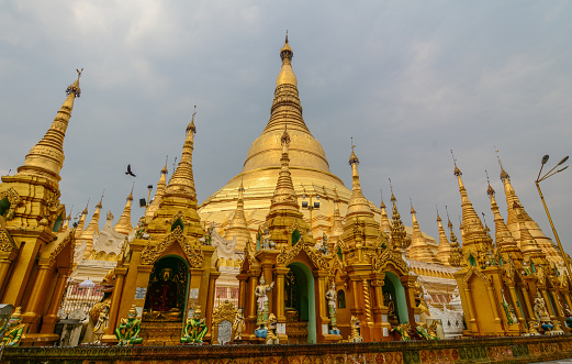 Yangon, Myanmar - Feb 26, 2016. Golden stupas of Shwedagon Pagoda in Yangon, Myanmar. Shwedagon is known as the most sacred pagoda in Myanmar.