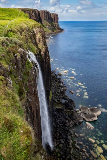 istock a waterfall pouring into the ocean from a hill with green grass 1498873021