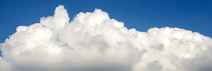 A panoramic view of scattered white clouds against a blue sky