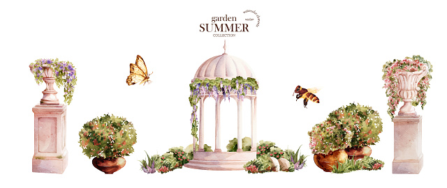 Summer garden set watercolor vector elements design. Garden watercolor vector collection of flower, tree, leaves, and branches.