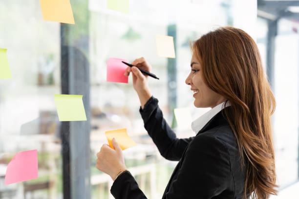 istock Asian businesswoman creating project plan on office wall with paper notes. Financial and Marketing projects 1498875059