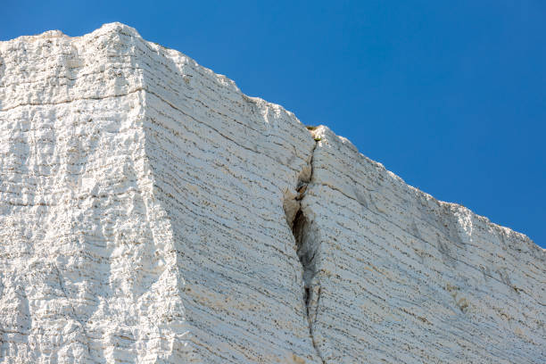 Looking up at a chalk cliff on the Sussex coast, with a crack visible in the rock